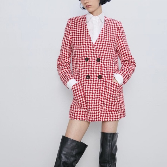 Zara red & cream houndstooth frock coat